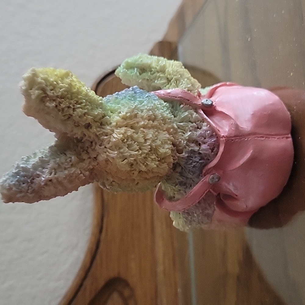 Hand Painted Bunny Figurine Pink Overalls Basket Pastel Eggs Approx 5.5" - Picture 6 of 11